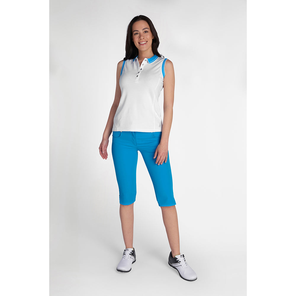 Green Lamb Ladies Organic Cotton Sleeveless Club Polo in White & Cobalt