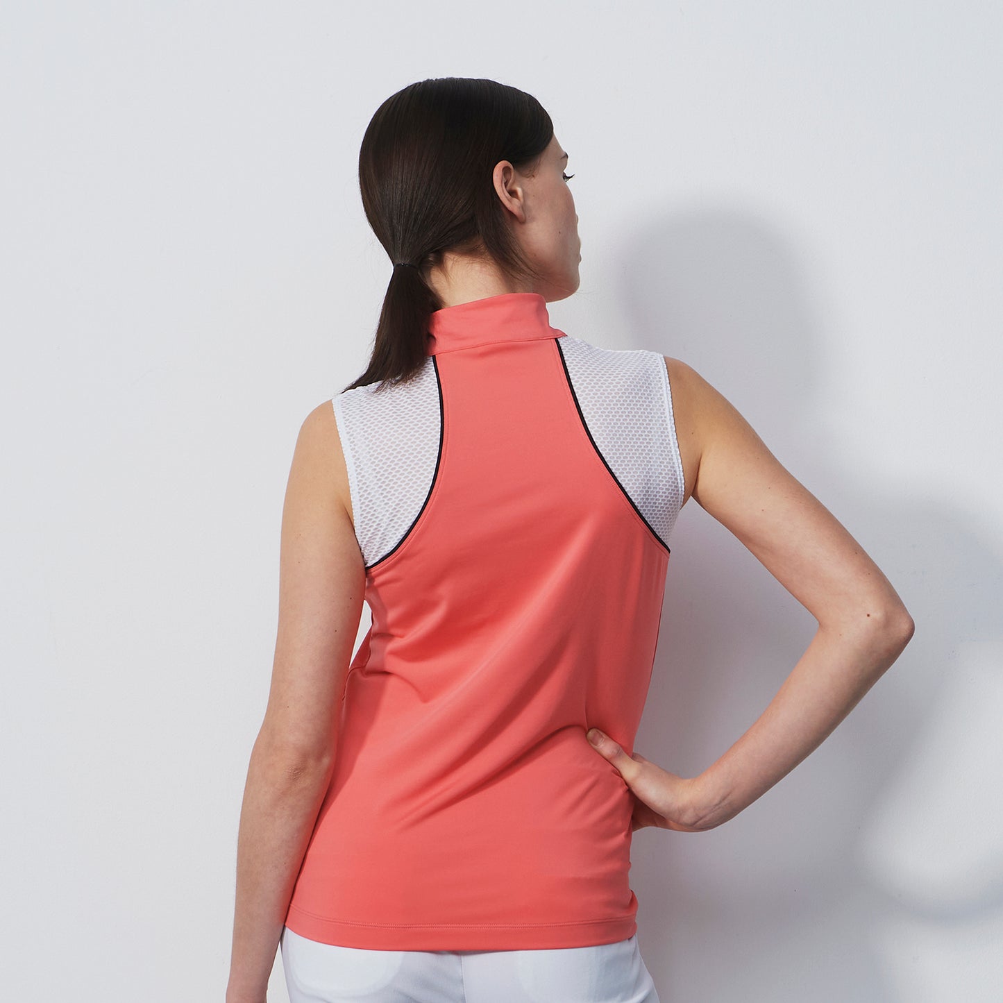 Daily Sports Ladies Mesh Paneled Sleeveless Polo Shirt in Coral