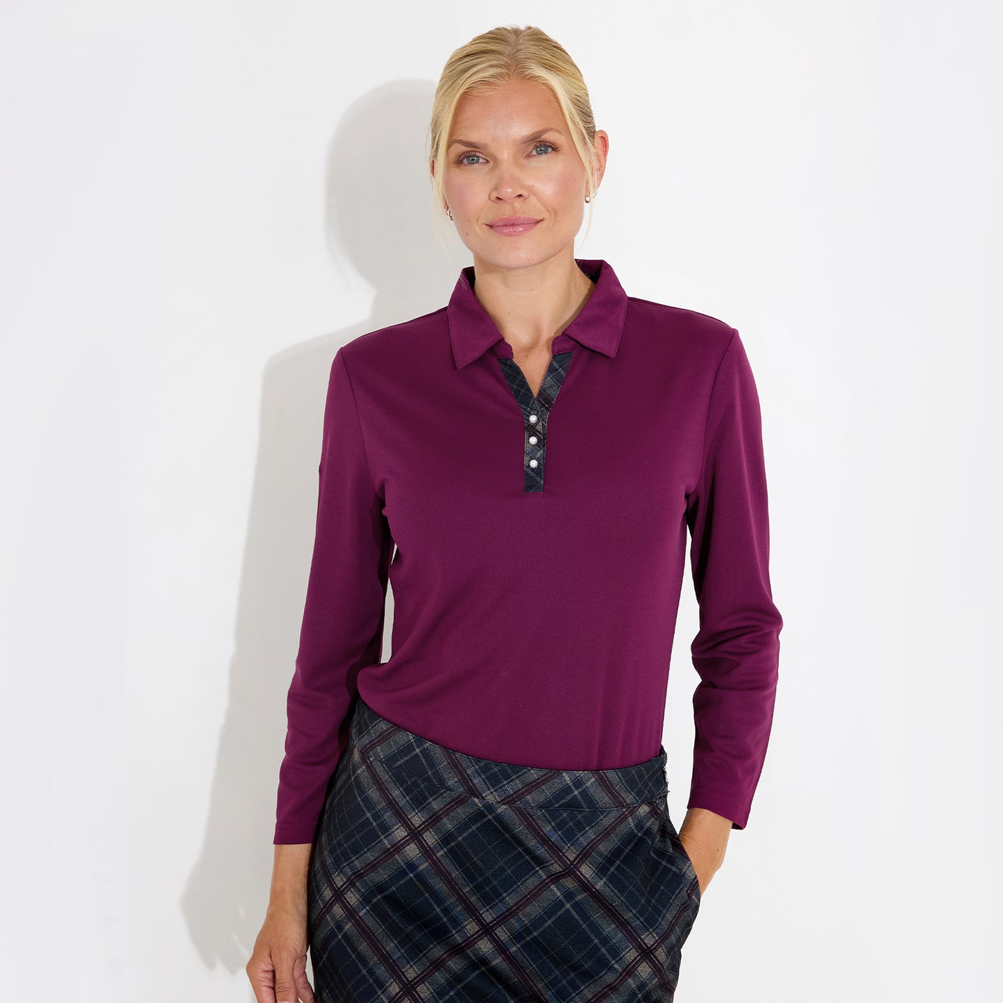 Abacus Ladies 3/4 Sleeve Polo with Neat Neck line and Pretty Pearl Detail