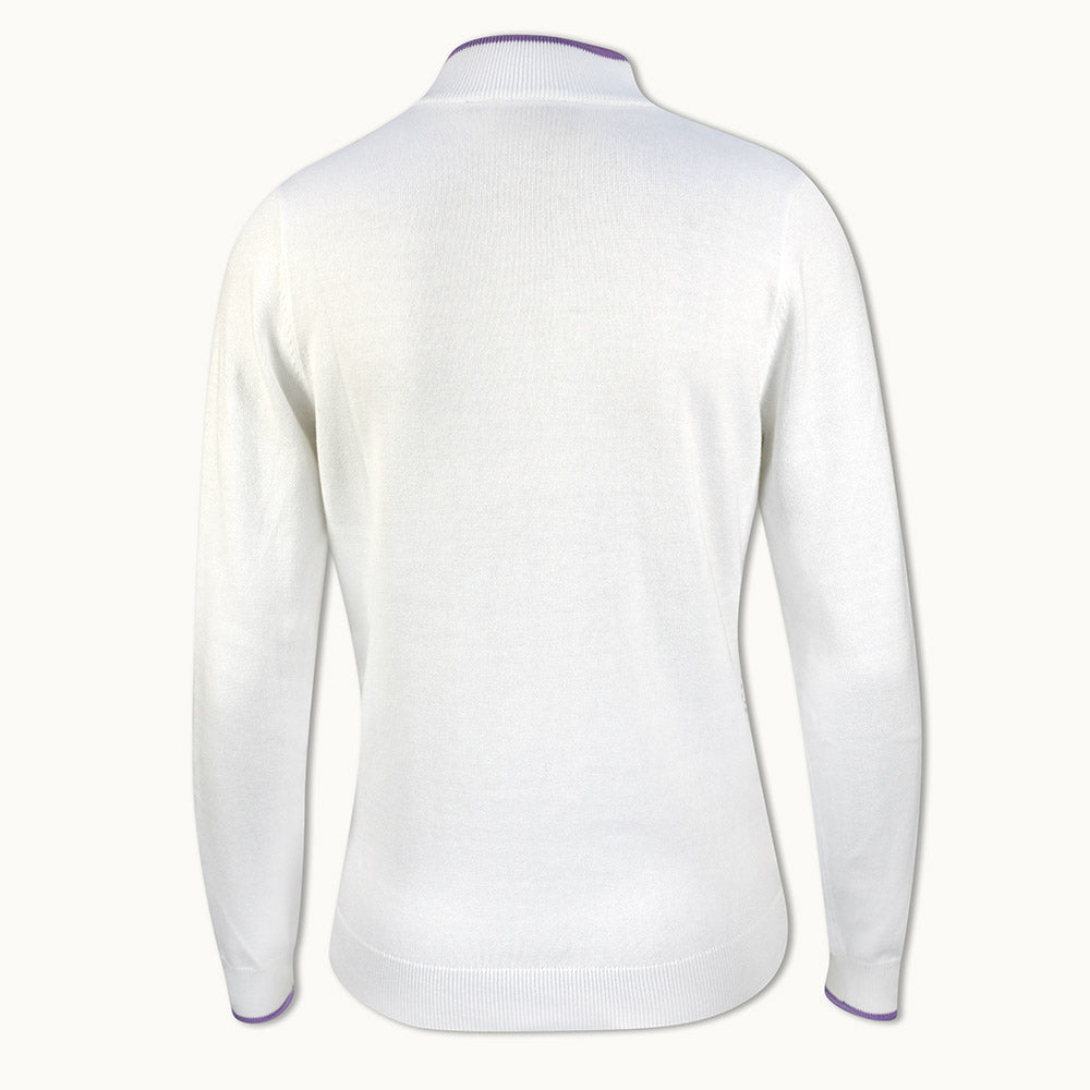 Glenmuir Ladies Long Sleeve Cotton Sweater with Animal Print Detail in White/Amethyst