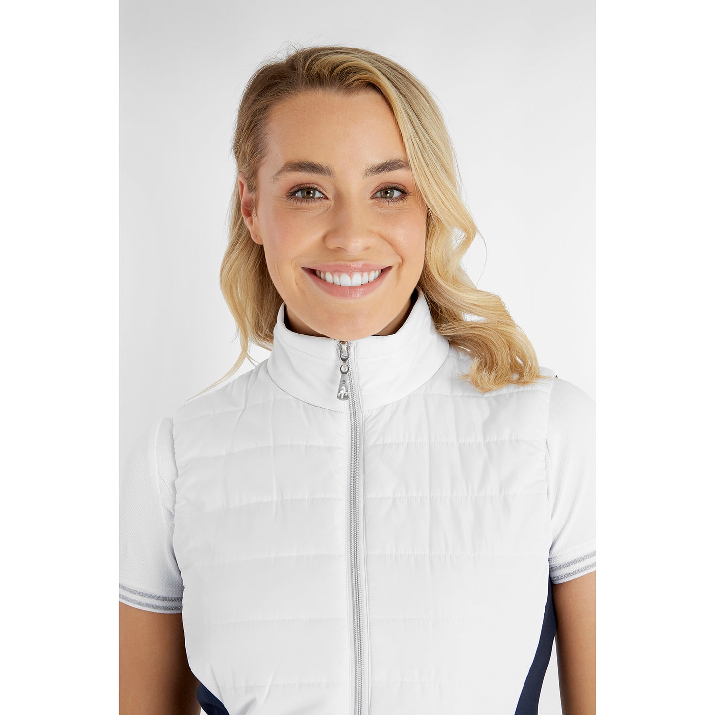 Green Lamb Ladies Quilted Gilet With Stretch Jersey Back Panel in White & Navy