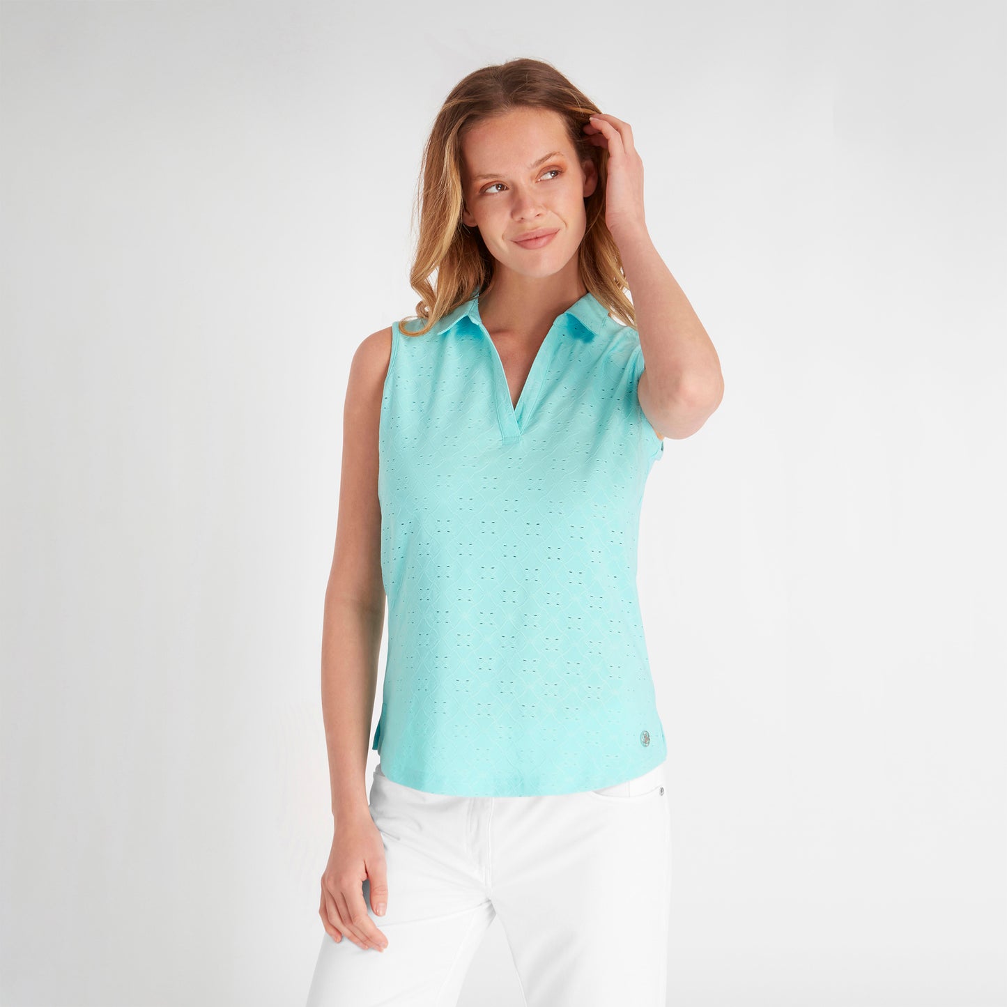 Green Lamb Ladies Sleeveless Polo with Broderie Anglaise Pattern in Aqua