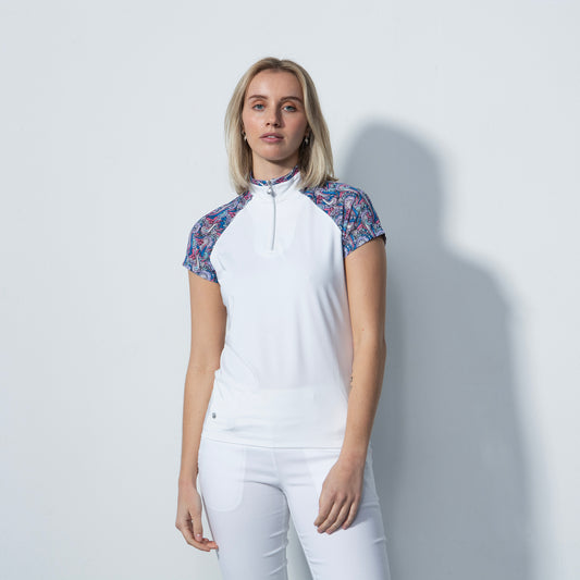 Daily Sports Ladies Cap Sleeve Polo in White with Paisley Print Mesh Sleeves