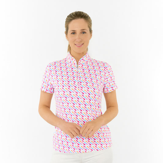 Pure Ladies Short Sleeve Polo in Fun Bottle Print for Playful Style & Comfortable Wear