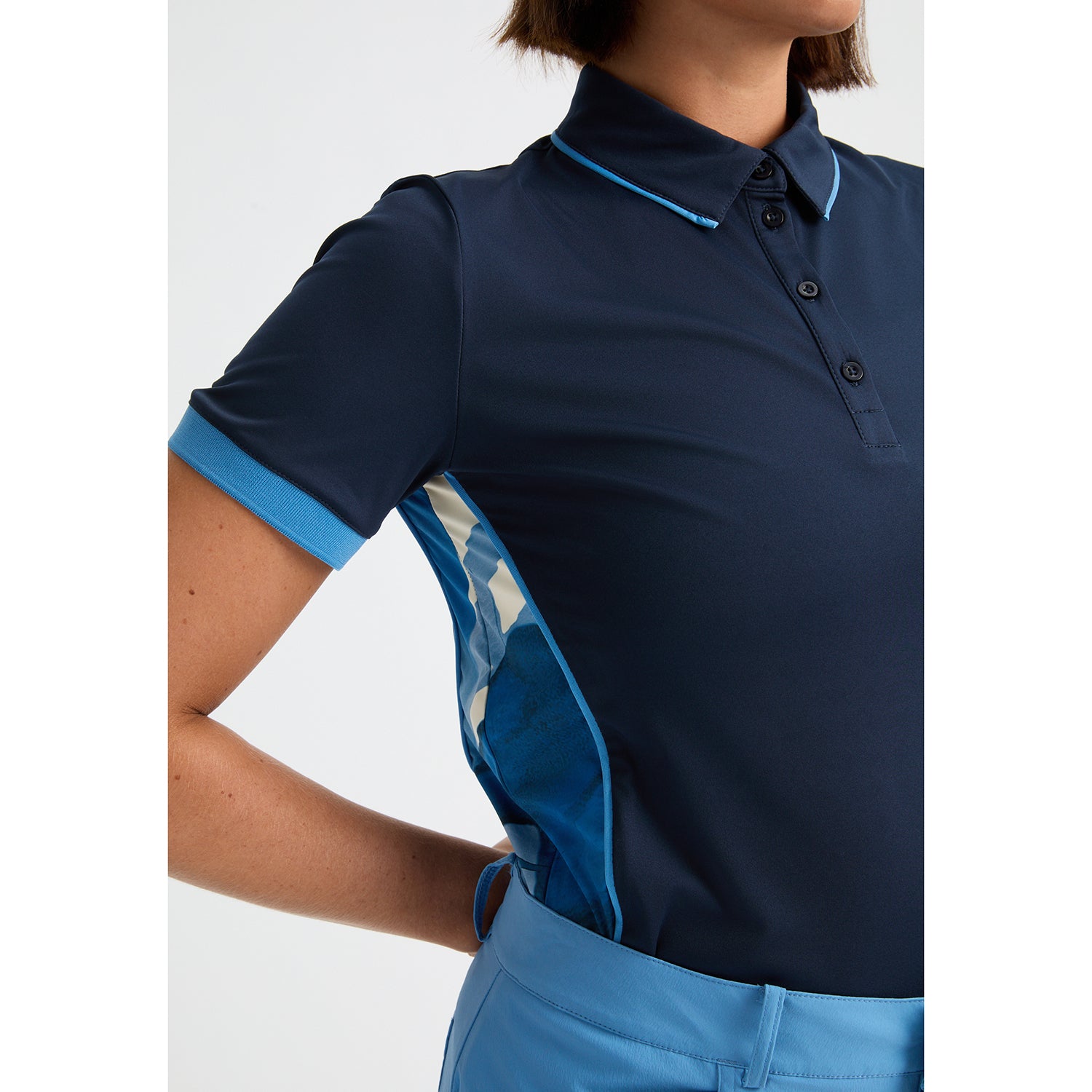 Rohnisch Women's Navy Golf Polo with Piping and Printed Side Panels