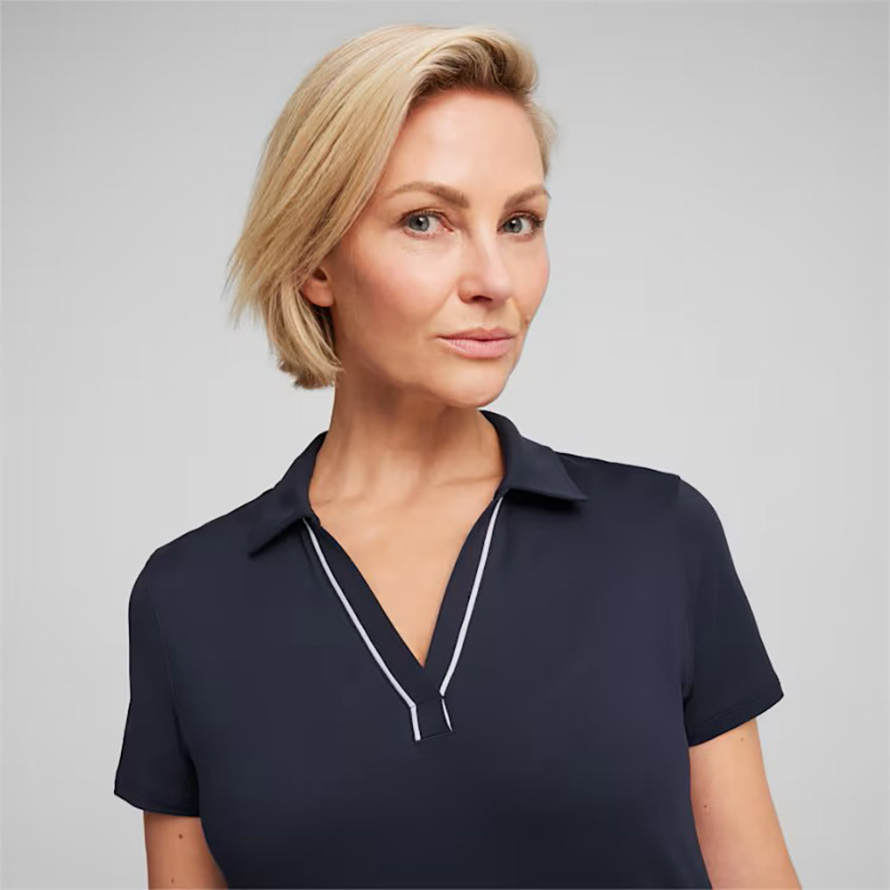 Puma Golf Ladies Short Sleeve Polo with Piped V-neck in Deep Navy