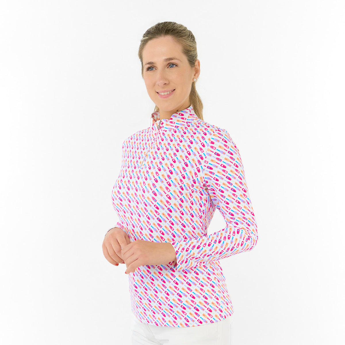 Pure Ladies Long Sleeve Top in Fun Bottle Print for Playful Style & All-Day Comfort
