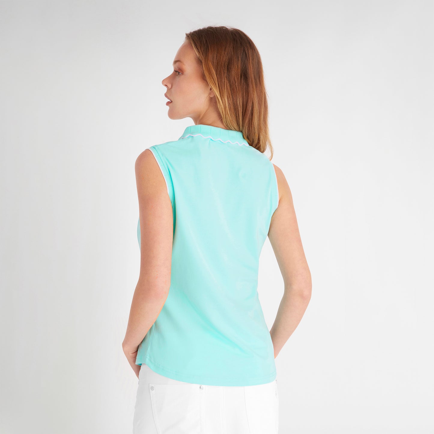 Green Lamb Ladies Sleeveless Polo with Scalloped Collar in Aqua