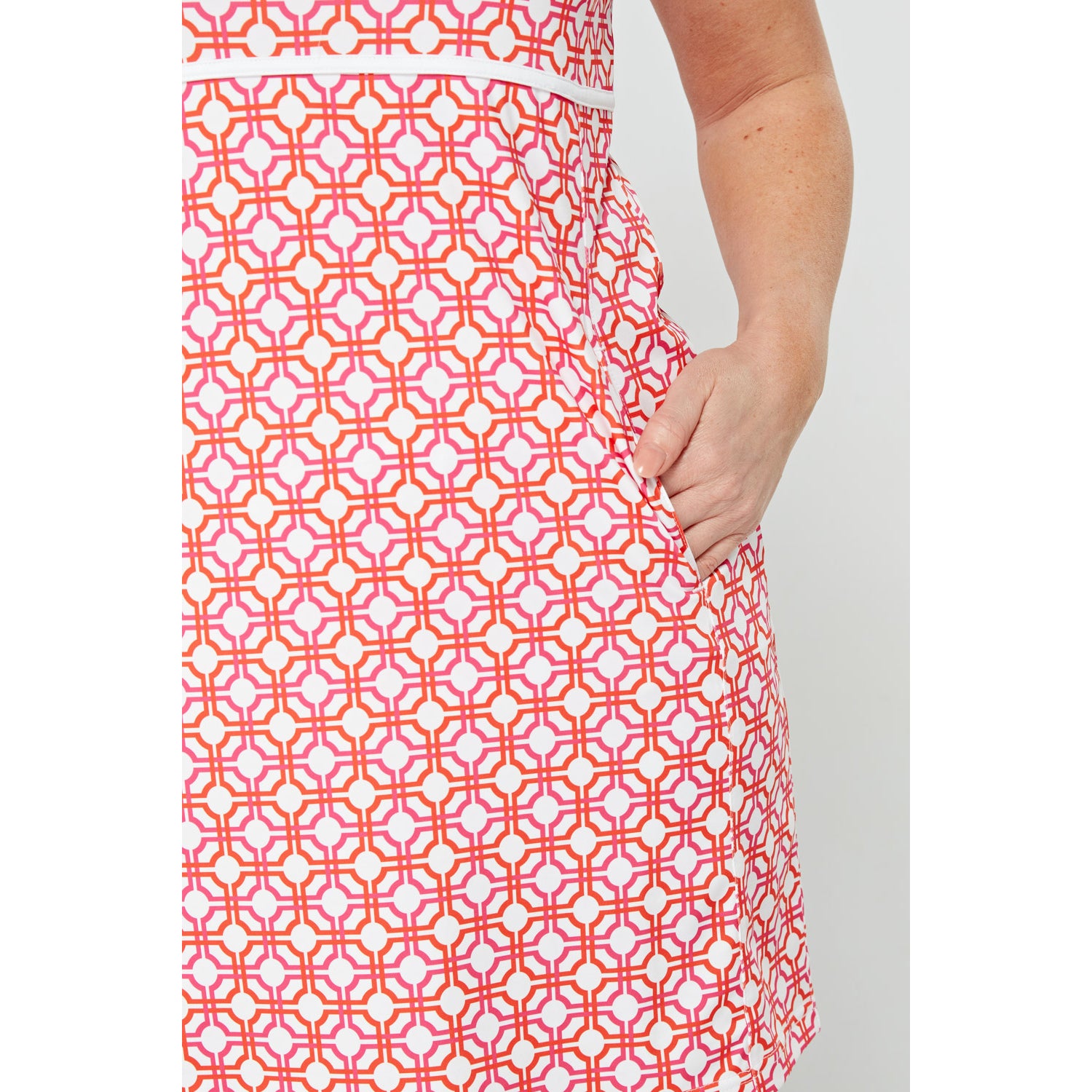 Swing Out Sister Ladies Sleeveless Golf Dress in Lush Pink and Mandarin Mosaic Pattern