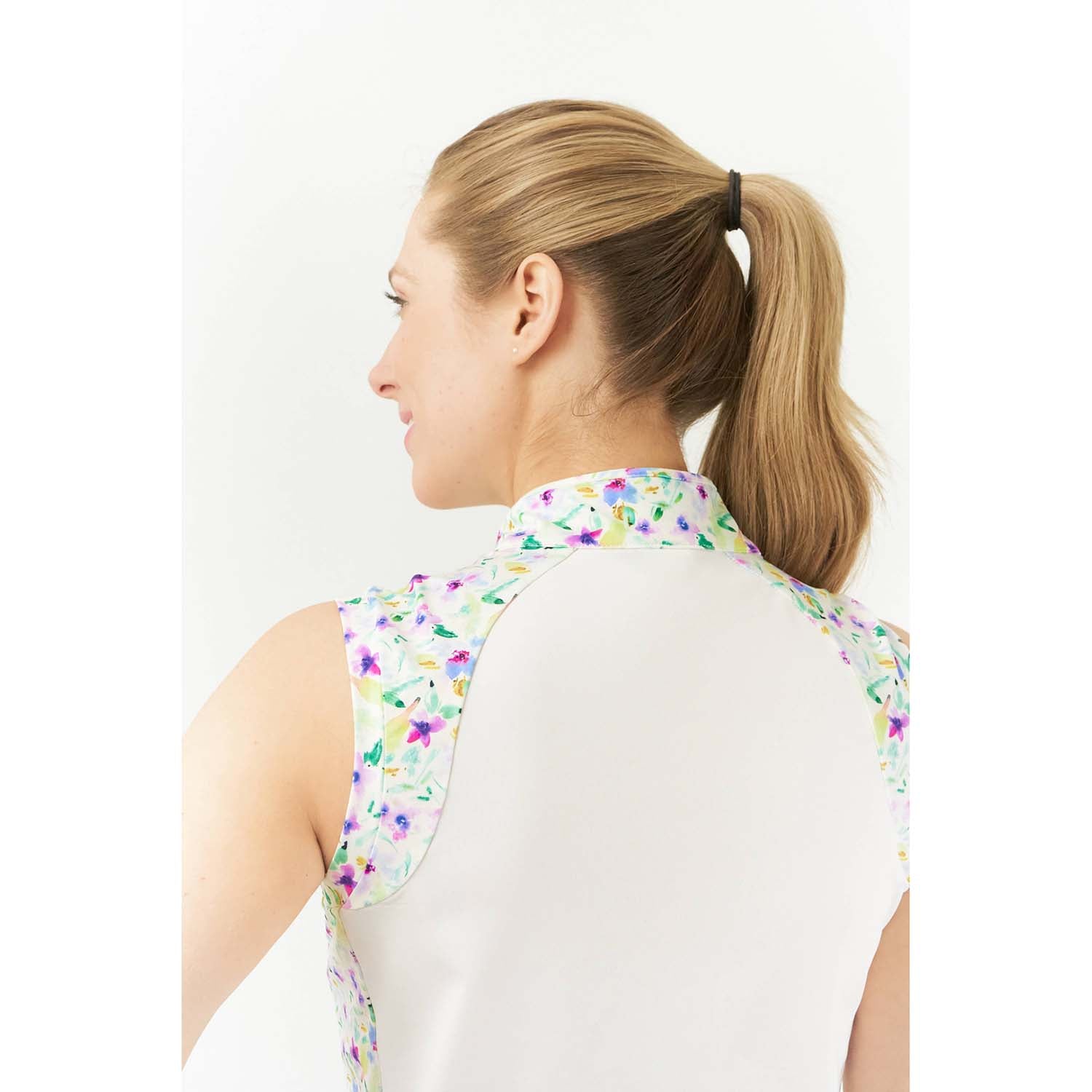 Pure Golf Sleeveless Polo with Ethereal Bouquet Print Panels & Zip Neck