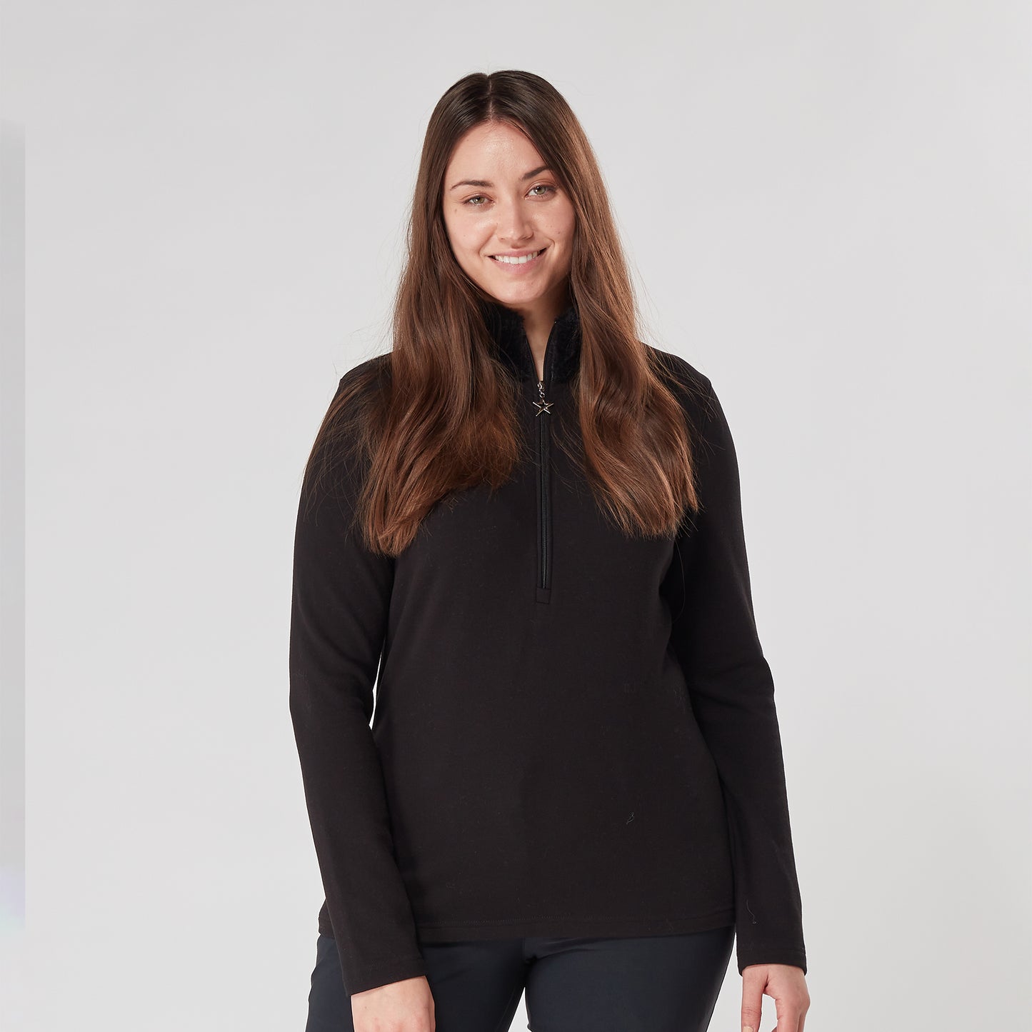 Swing Out Sister Womens 1/4 Zip Top with Faux Fur Collar in Black