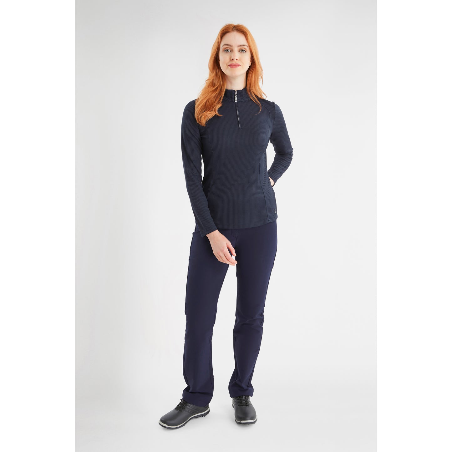 Green Lamb Ladies Navy Waffle Zip-Neck Long Sleeve Top