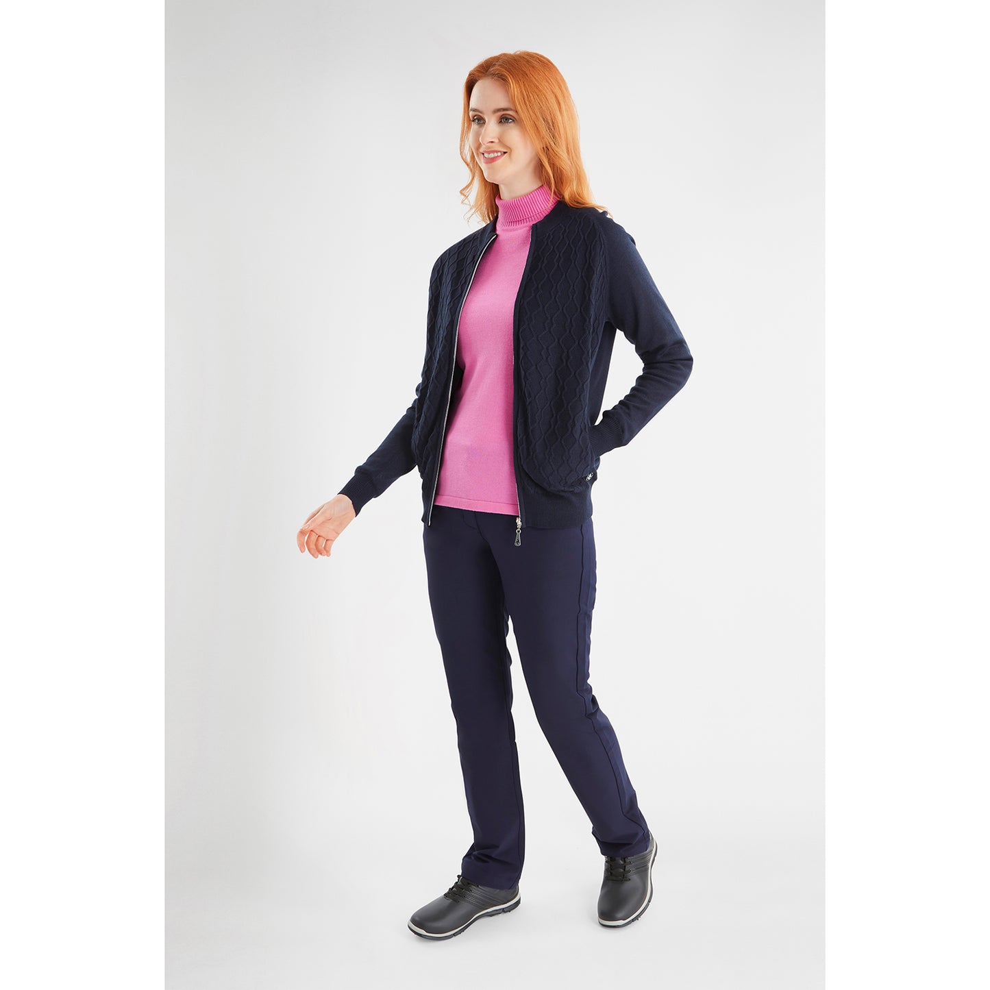 Green Lamb Ladies Lined Windstopper Cardigan with ZigZag Stitch Front Panel in Navy