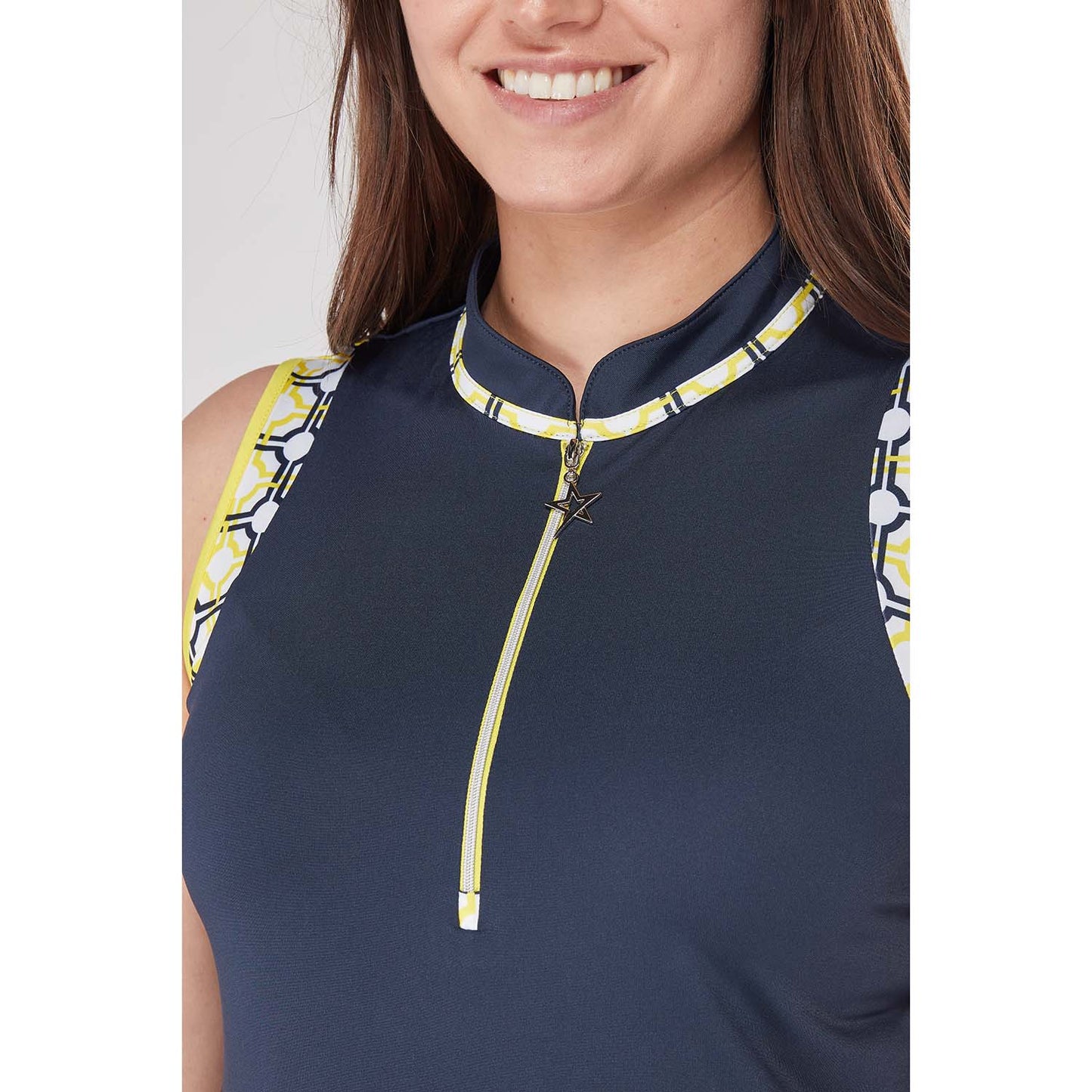 Swing Out Sister Women's Zip Neck Sleeveless Polo in Sunshine and Navy