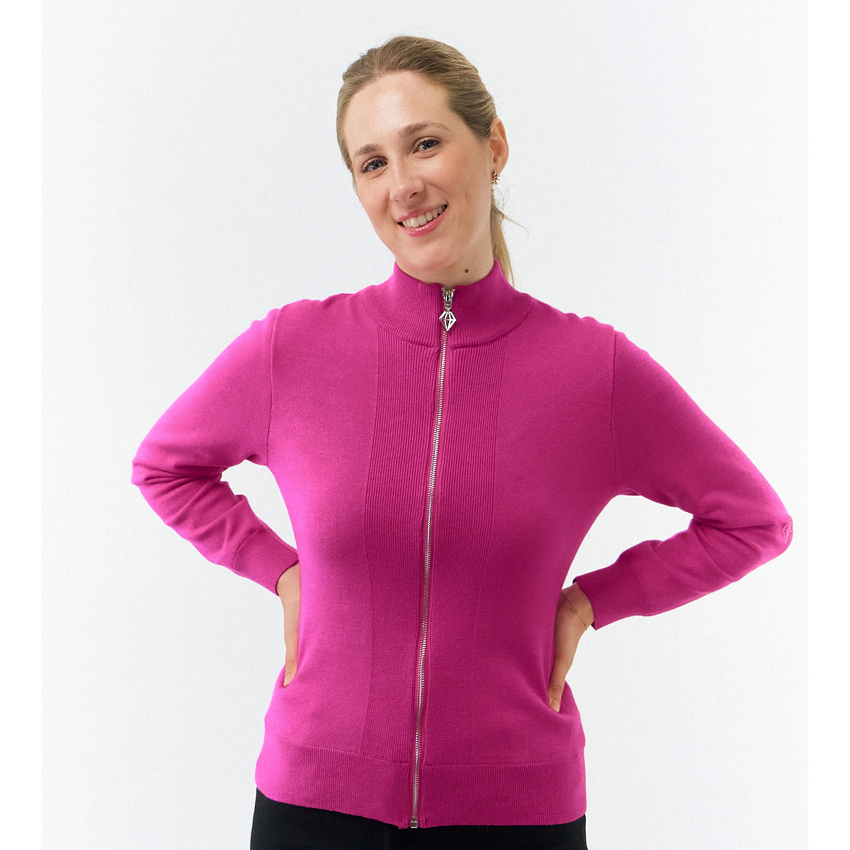 Pure Ladies Full Zip Lined Sweater in Pink Topaz