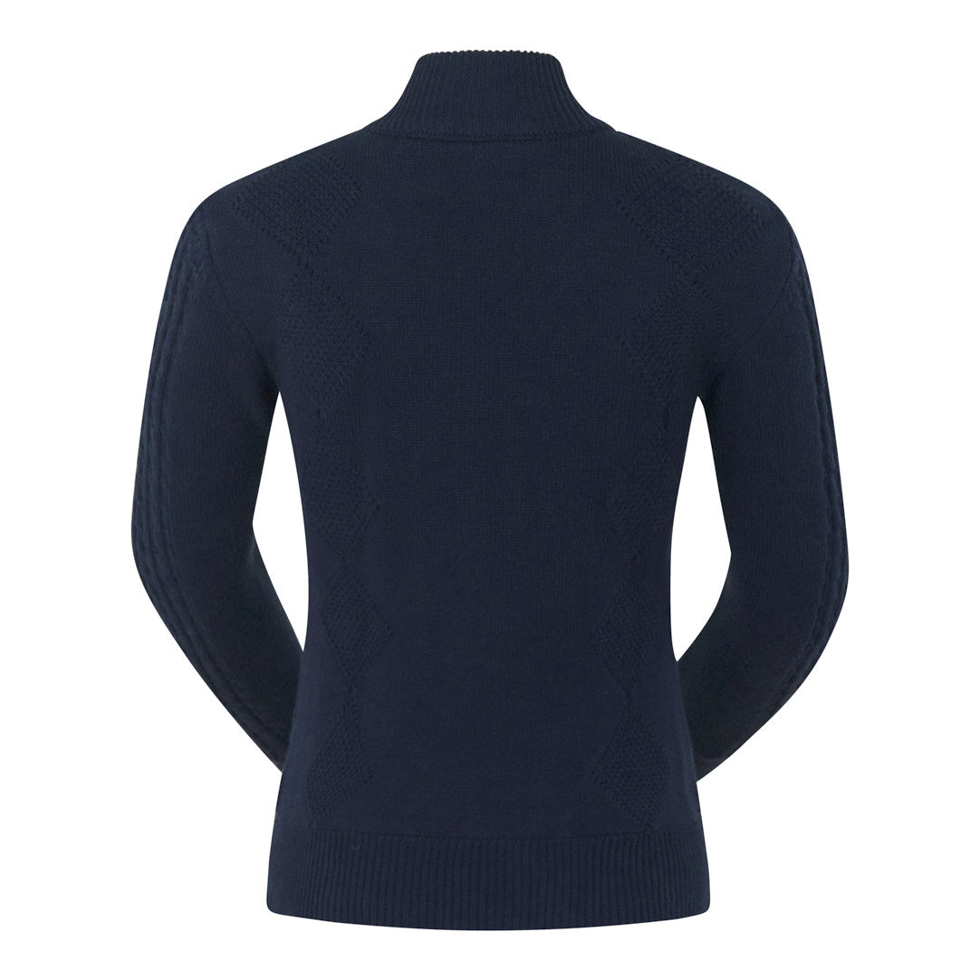 Pure Ladies Lined Zip-Neck Golf Sweater with Cable Knit Design in Navy