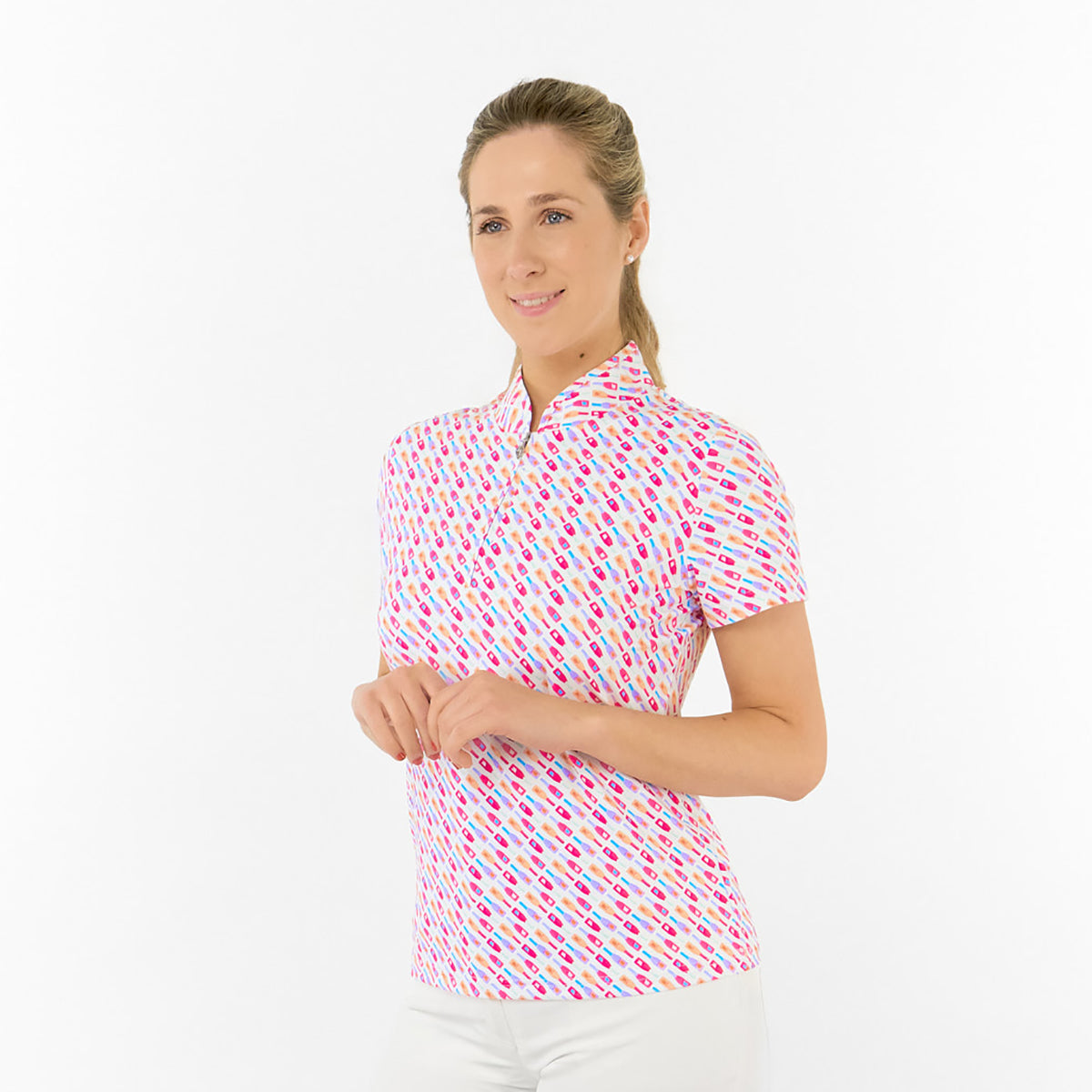 Pure Ladies Short Sleeve Polo in Fun Bottle Print for Playful Style & Comfortable Wear