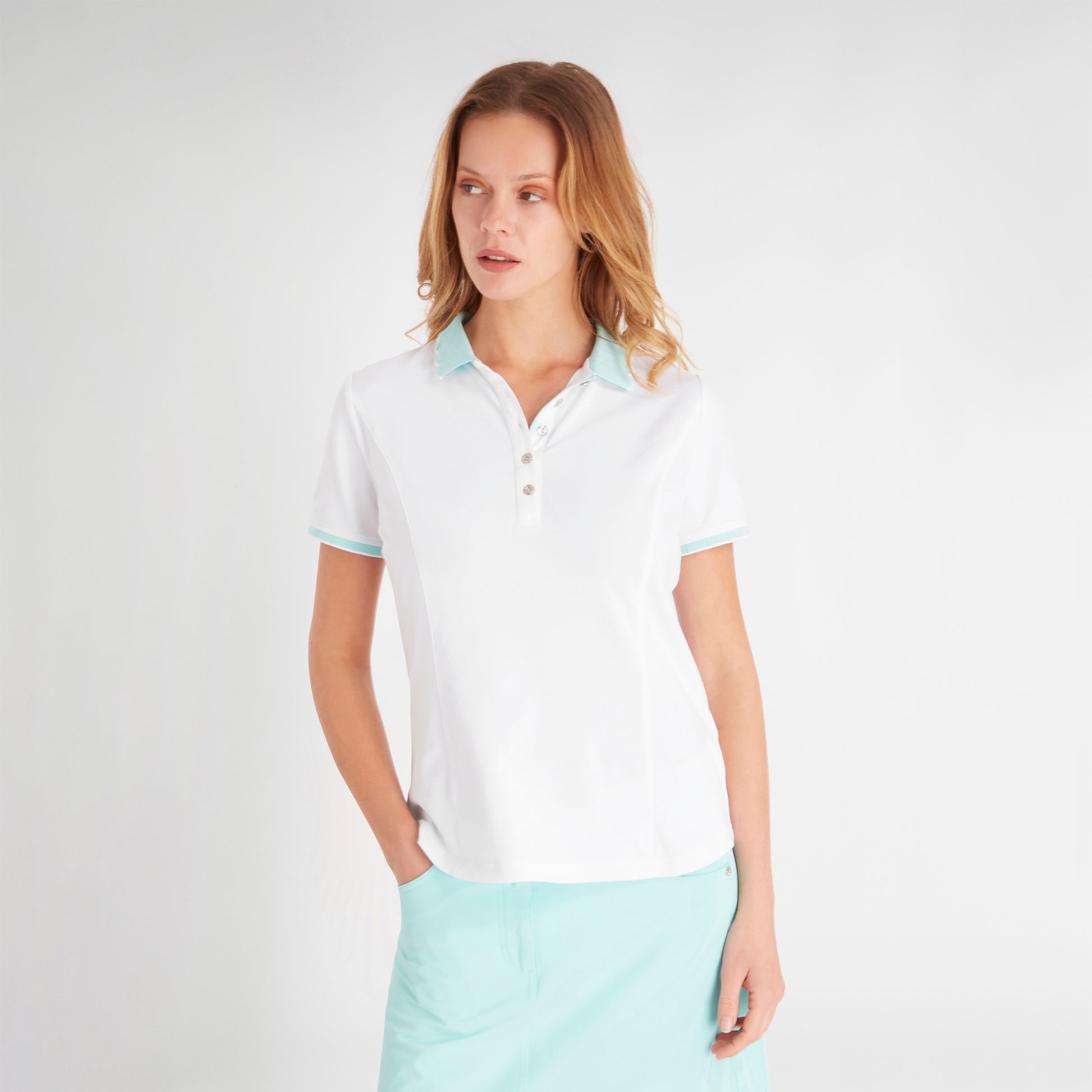 Green Lamb Ladies Short Sleeve Polo with Scalloped Collar in White & Aqua