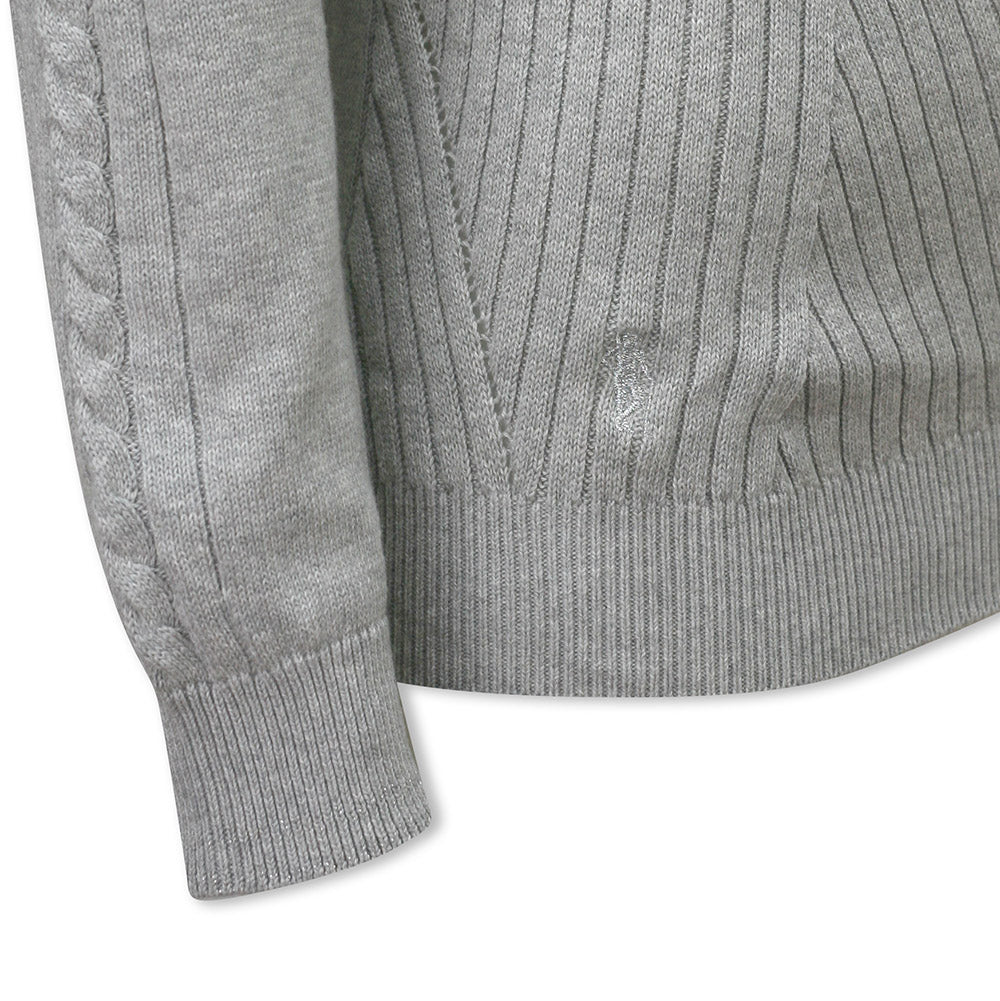 Glenmuir Ladies Rib & Cable Design Zip-Neck Sweater with Cashmere in Light Grey Marl