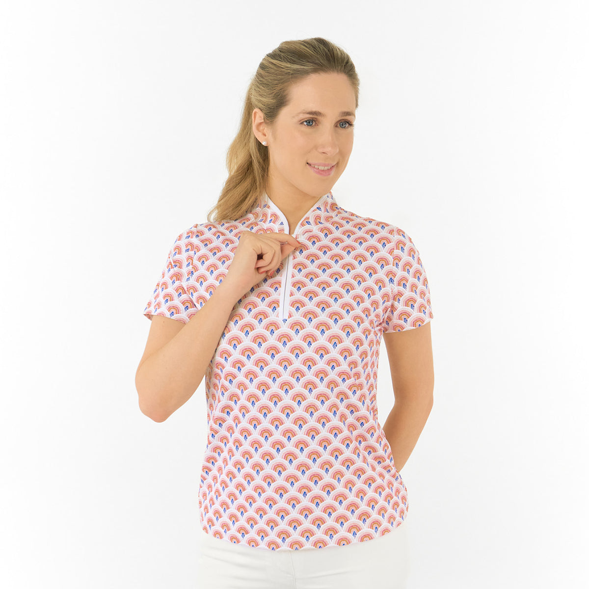 Pure Ladies Short Sleeve Polo in Rainbow Geo Print for Confident, Colourful Golfing
