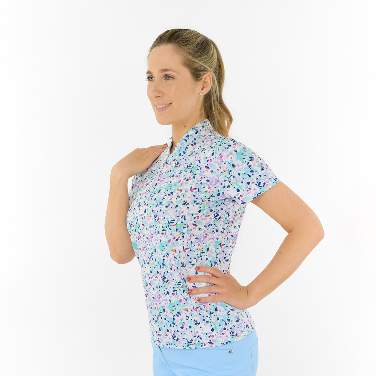 Pure Ladies Short Sleeve Polo in Multi-Coloured Print for Colourful Performance & Effortless Chic