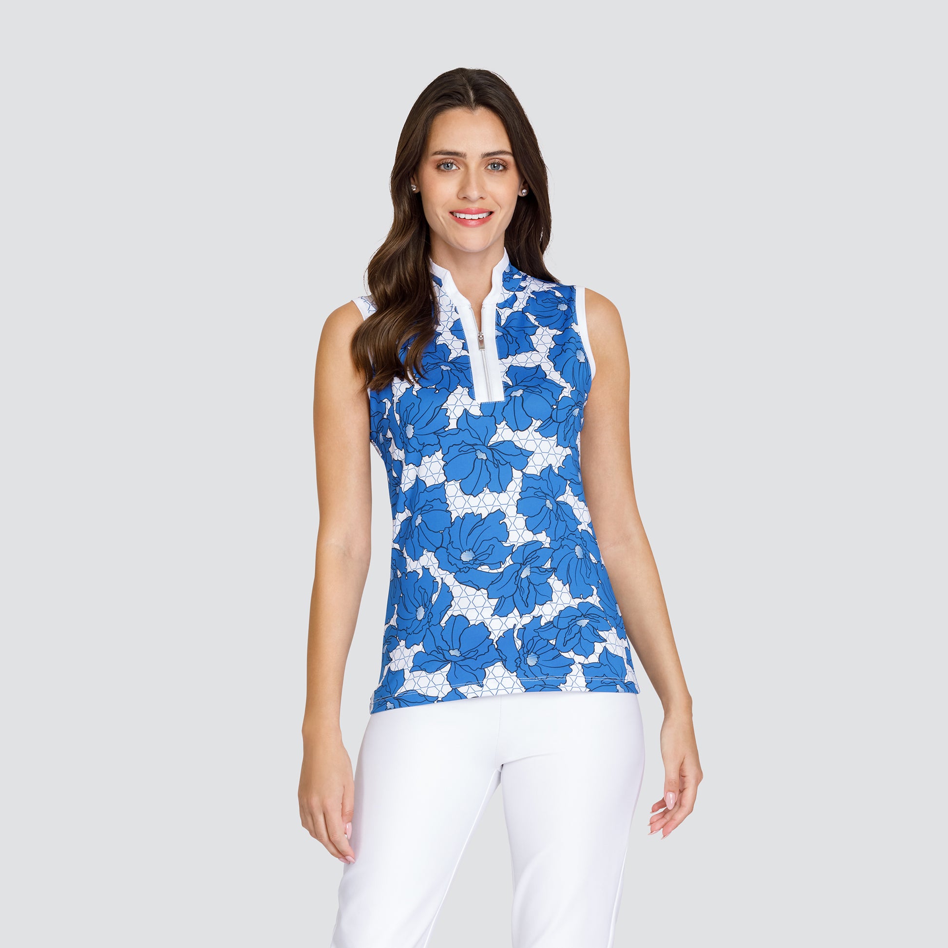 Tail Ladies Sleeveless Polo in a Floral and Hexagonal Print 