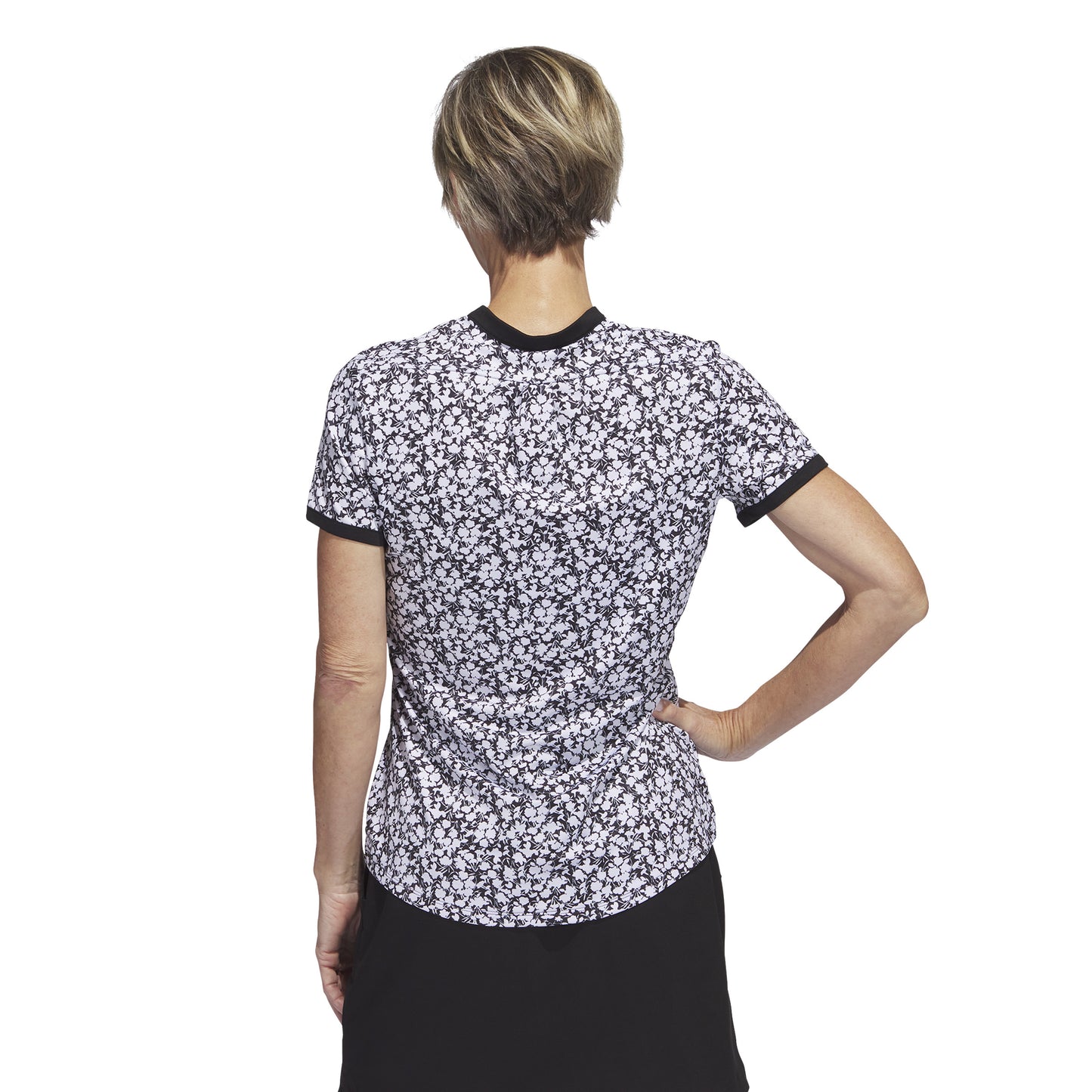 adidas Ladies Short Sleeve Golf Polo with Black & White Floral Print