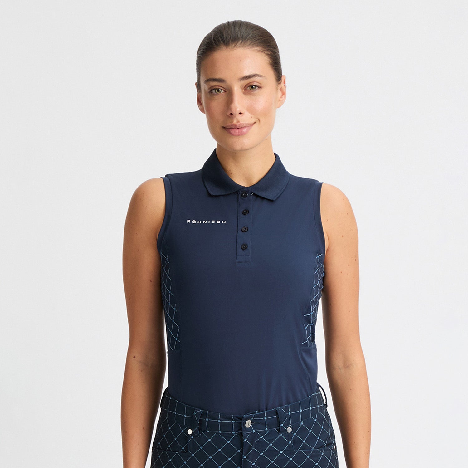 Rohnisch Ladies Sleeveless Navy Polo with Micro Logo Print Textured Panels