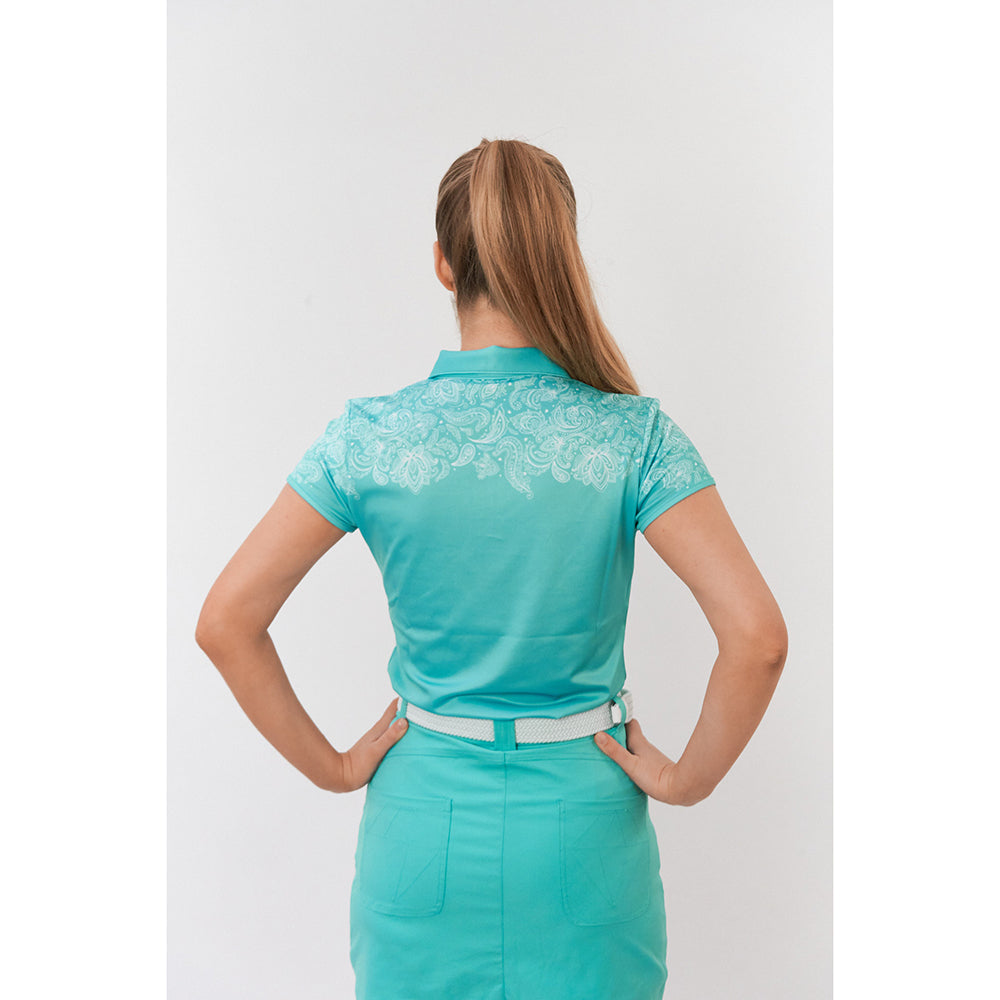 Pure Golf Ladies Cap Sleeve Zip-Neck Polo in Ocean Blue & Paisley Print