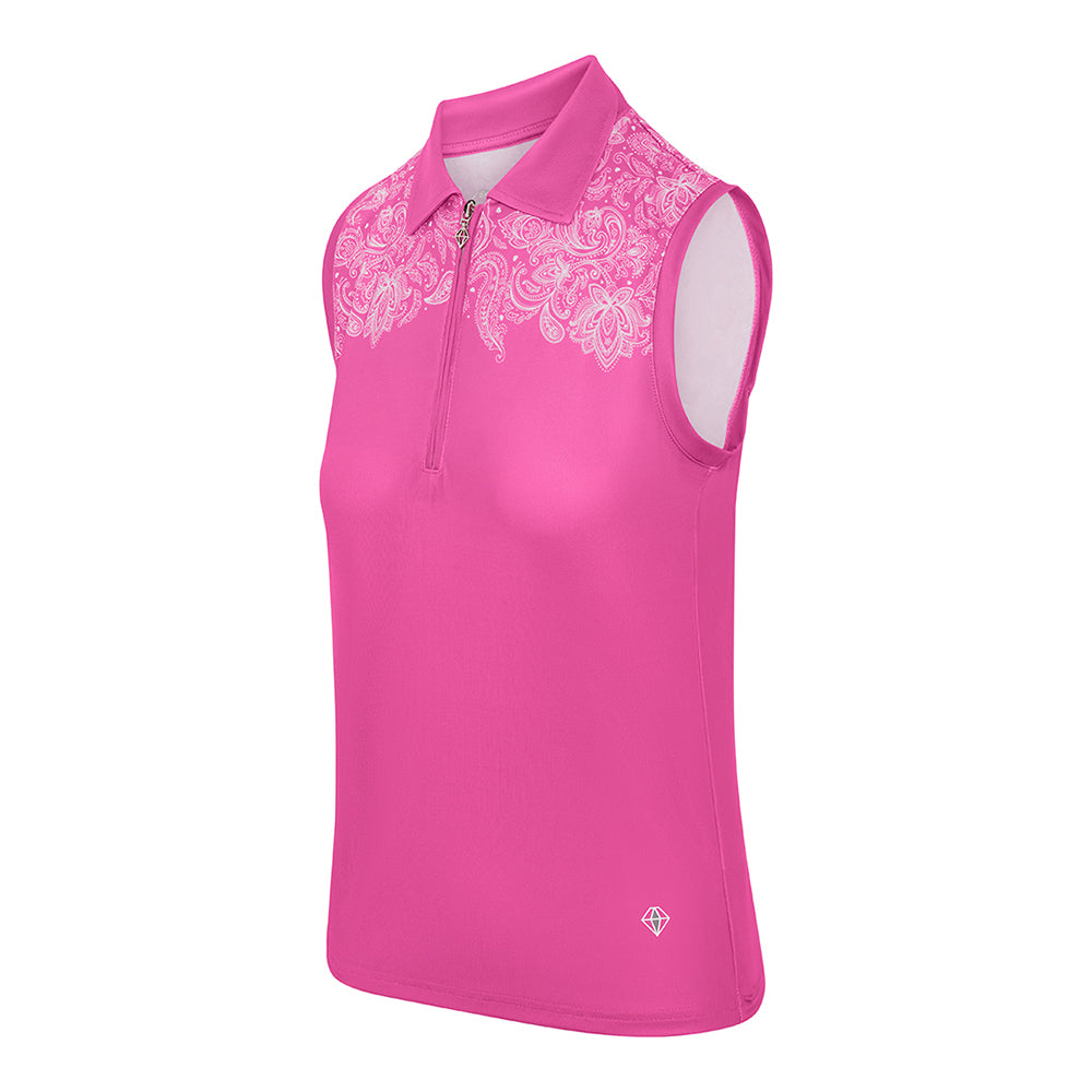 Pure Golf Ladies Sleeveless Zip-Neck Polo in Azalea Pink & Paisley Print