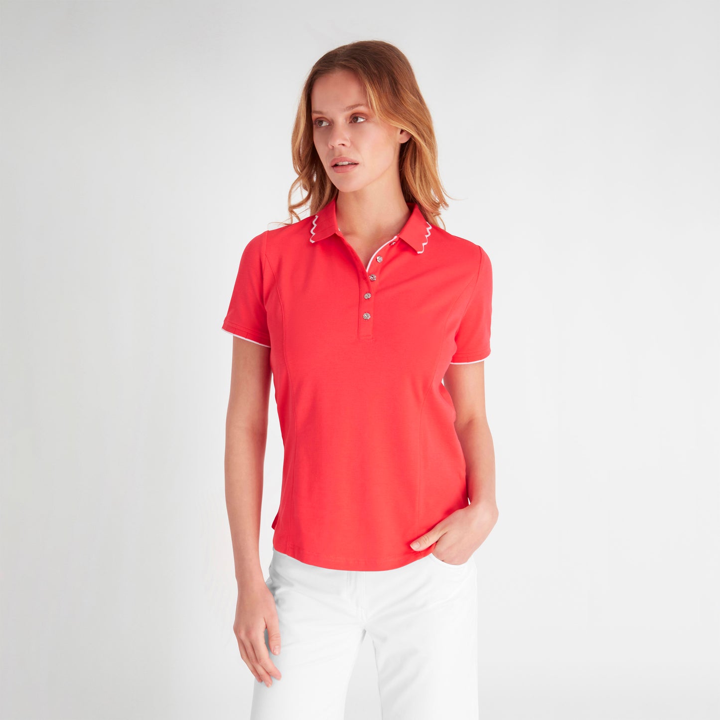 Green Lamb Ladies Short Sleeve Polo with Scalloped Collar in Poppy