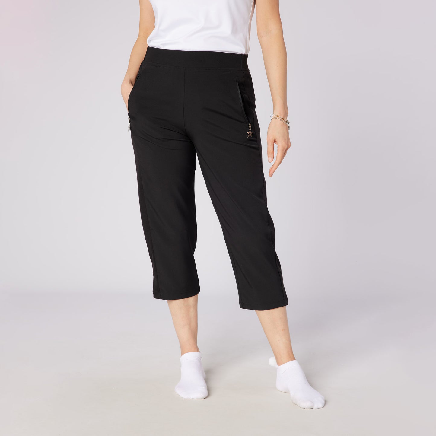 Swing Out Sister Ladies Lightweight Pull-On Capris with Ribbed Side Stripe in Black