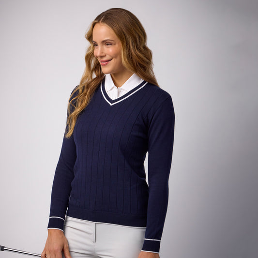 Glenmuir Ladies Navy Sweater with Flattering Ribbed Detailing