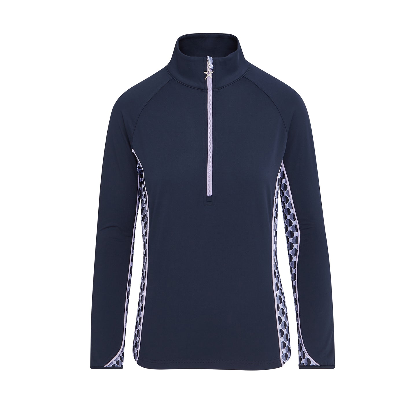 Swing Out Sister Ladies 1/4 Zip Top with Circular Pattern in Navy/Lavender