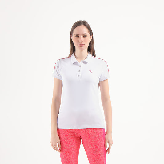 Chervo Ladies Print Detail Short Sleeve Polo in White & Clematis Pink
