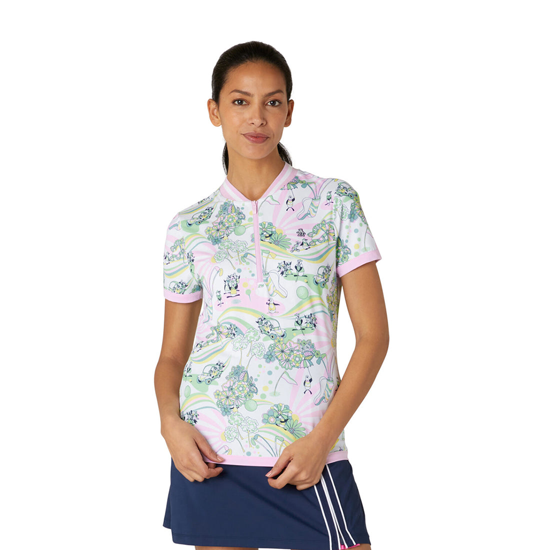 Original Penguin Ladies Cap Sleeve Zip Neck Polo in Bright White with Retro Print