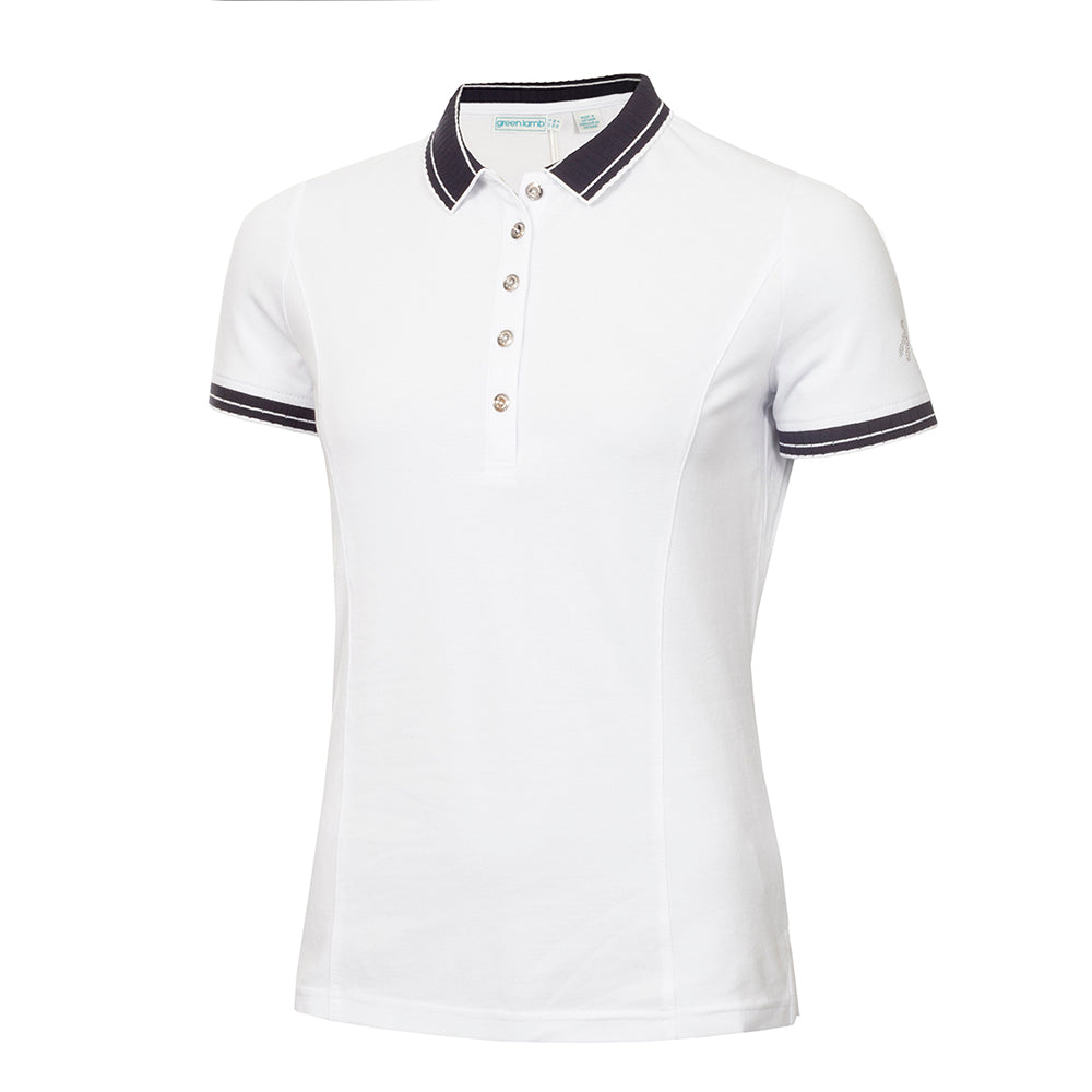 Green Lamb Ladies Organic Cotton Short Sleeve Club Polo in White & Navy