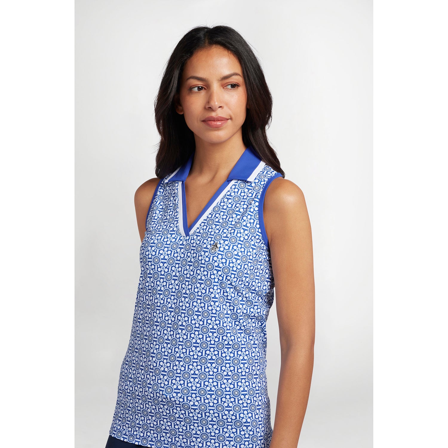 Original Penguin Ladies Sleeveless Geo Print V-Neck Polo Shirt - Last One Small Only Left