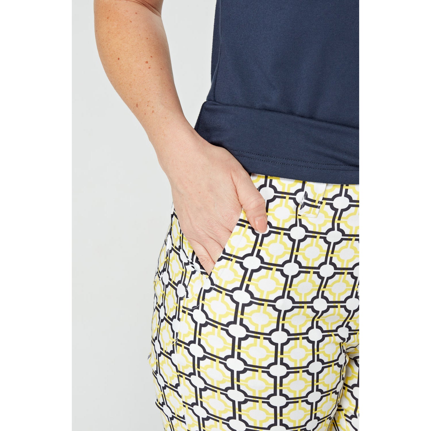 Swing Out Sister Women's Pull-On Capris in Navy and Sunshine with Mosaic Pattern