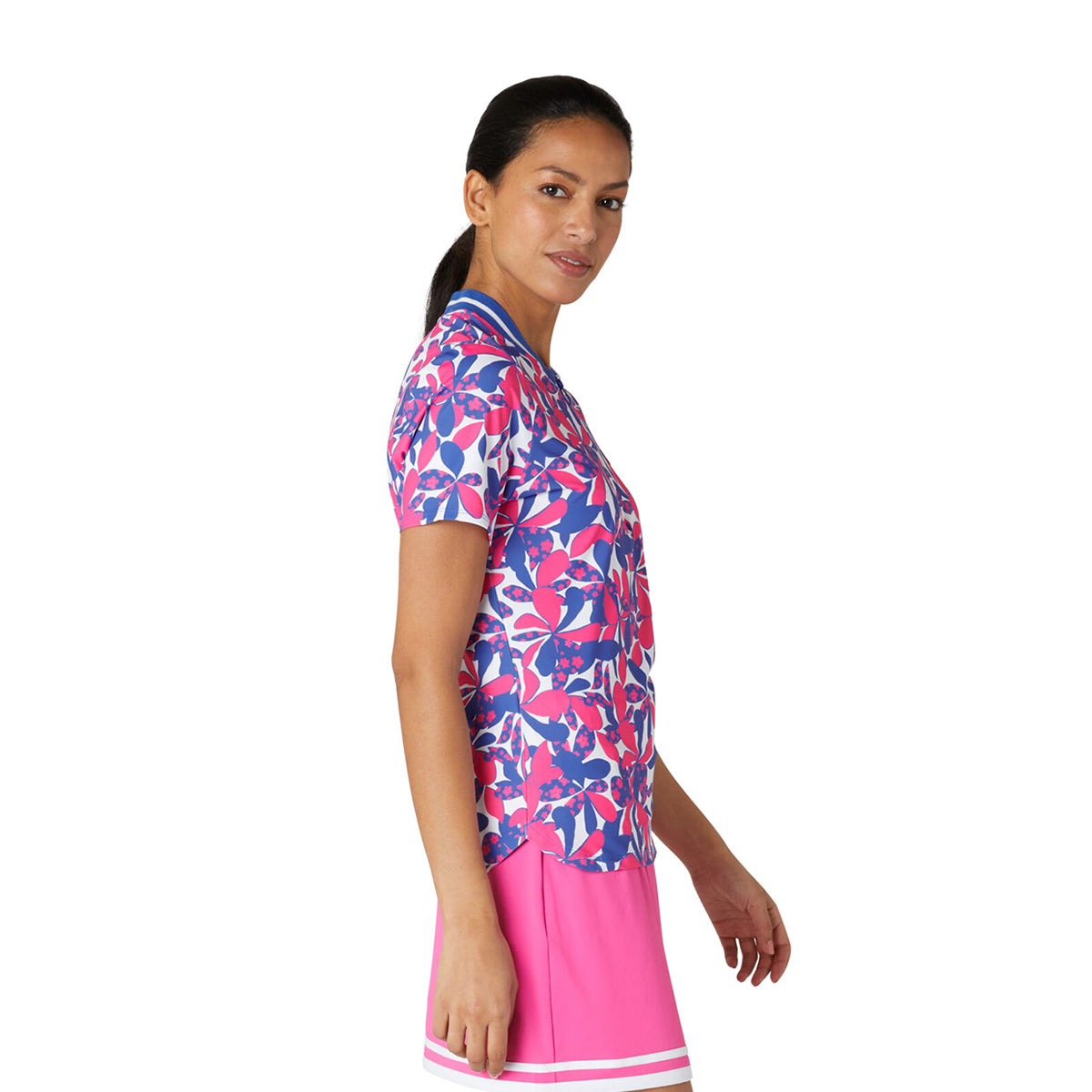 Original Penguin Ladies Short Sleeve Floral Print Polo Shirt in Cheeky Pink