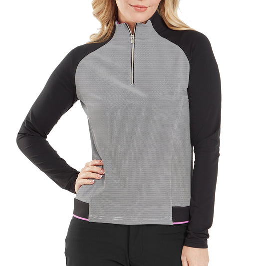 FootJoy Ladies Zip-Neck Top with Contrast Sleeves in Black & White Stripe