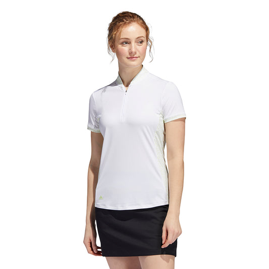 adidas Ladies Ultimate365 Geo Printed Short Sleeve Polo in White & Pulse Lime