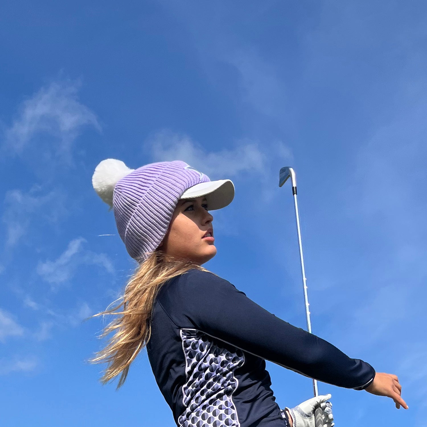 Swing Out Sister Ladies 1/4 Zip Top with Circular Pattern in Navy/Lavender