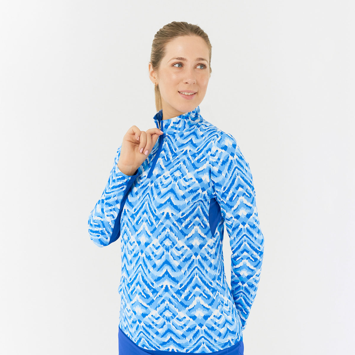 Pure Ladies Long Sleeve Golf Top in Aztec Style Print with Mesh Panels