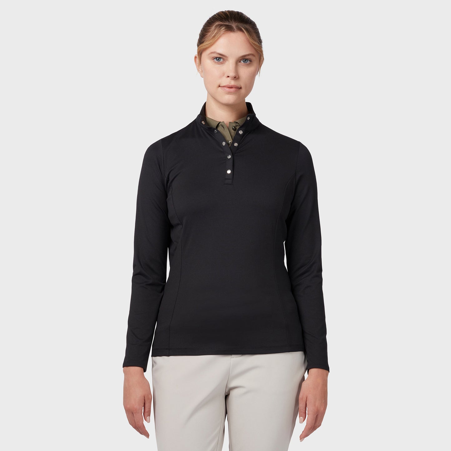 Callaway Ladies Thermal Long Sleeve Fleece Back Jersey Polo in Caviar