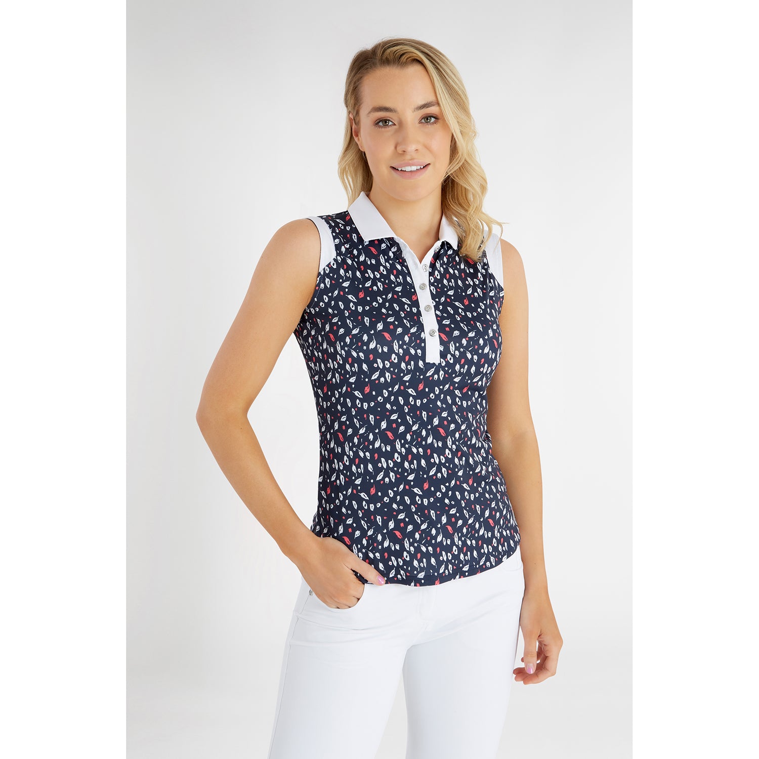 Green Lamb Ladies Sleeveless Leaf Print Polo Shirt