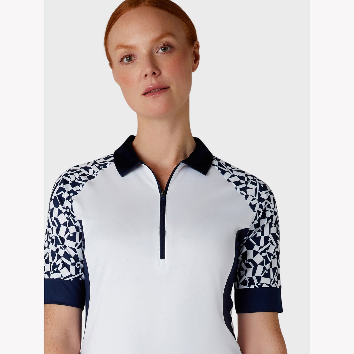 Callaway Ladies Two Tone Geo Print Half Sleeve Zip Golf Polo