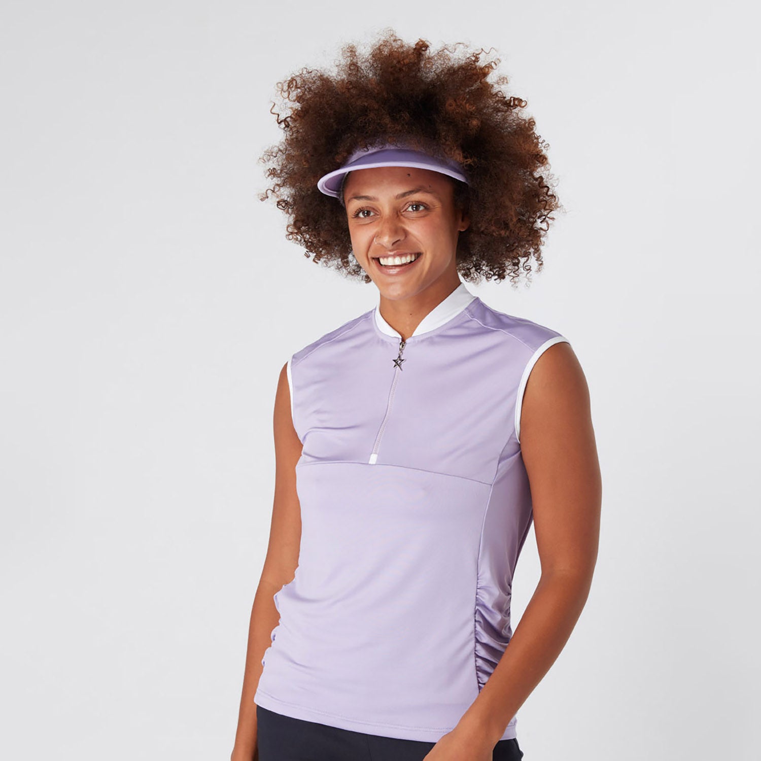 Swing Out Sister Ladies Cap Sleeve Polo with Ruched detail in Digital Lavender