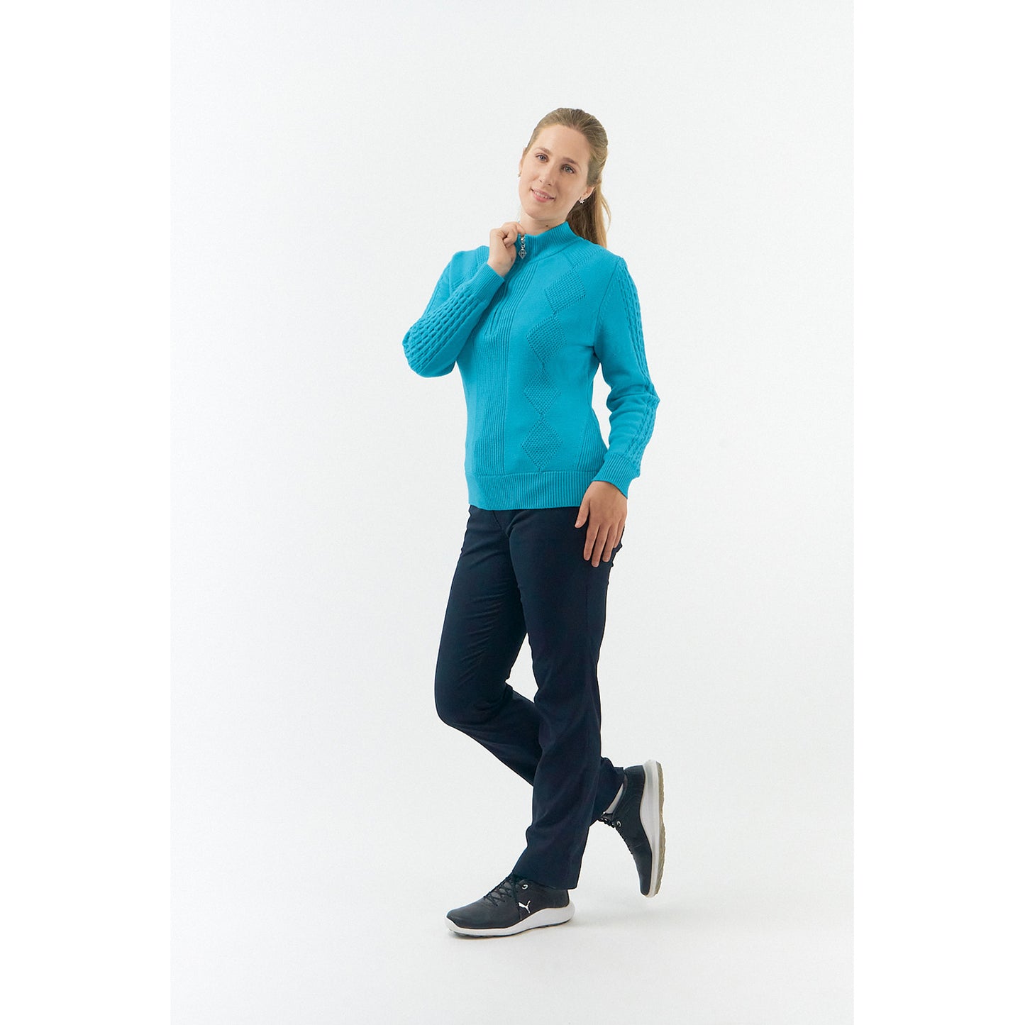 Pure Ladies Cable Knit Lined Quarter Zip Sweater in Tourmaline Blue