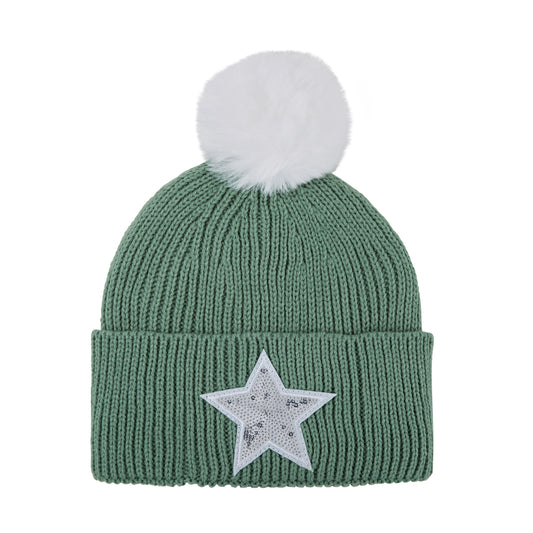 Swing Out Sister Ladies Star Bobble Hat with Water Repellent Finish in Sage